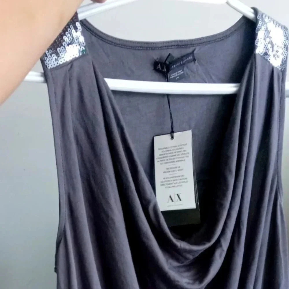 NWT Armani Exchange A/X Grey Silver Sequined Cowl Neck Sleeveless Top size L